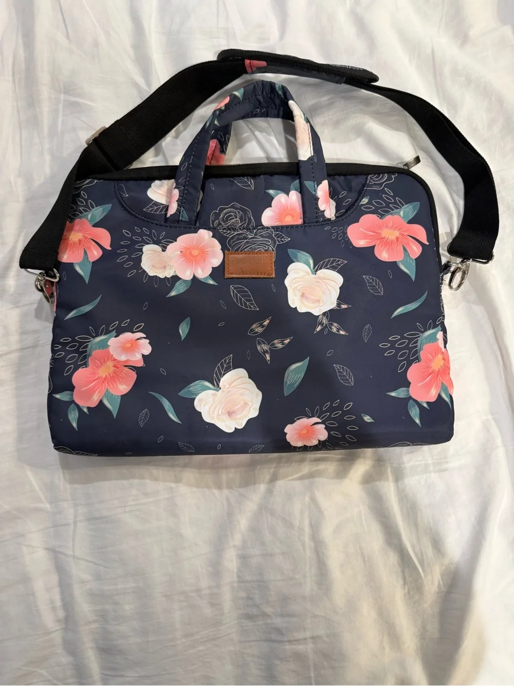 Floral Navy Laptop Tote Bag with Pink & White Flowers